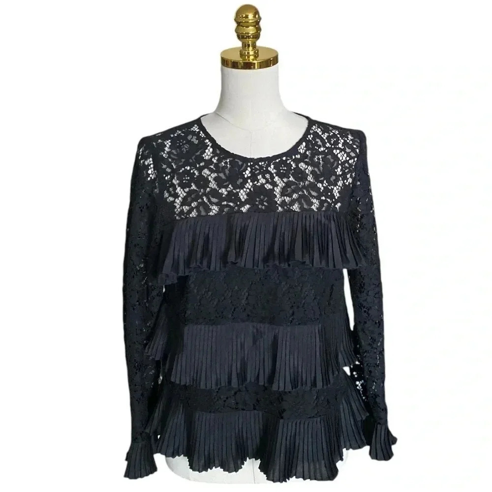 J. CREW | Black Satin Lace Pleated Ruffled Tiered Long Sleeves Top Size 4.
